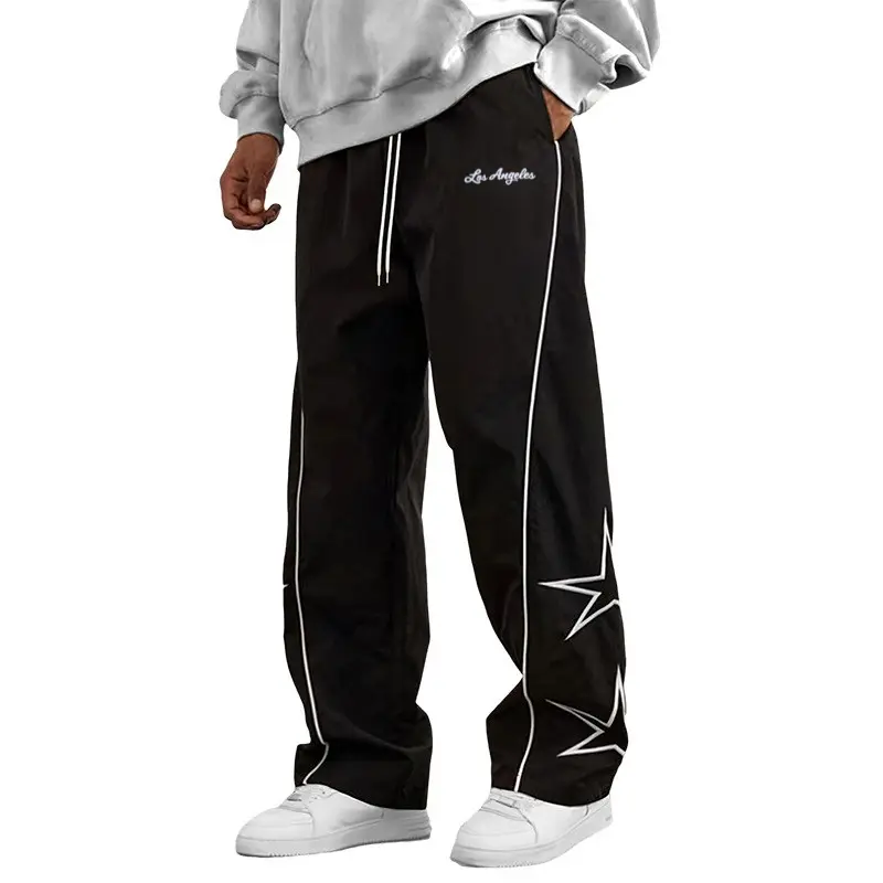 Men’s American street-style athletic pants with pentagram print, hip-hop high-street vibe, drawstring, wide-leg design, loose fit that flatters the figure, versatile straight-leg long pants, trendy streetwear casual long pants