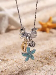 Women's Elegant Starfish & Shell & Mermaid Design Pendant Necklace, Exquisite Trendy Pendant Necklace, Chic Jewelry As Gift for Girlfriend, Charms Necklace