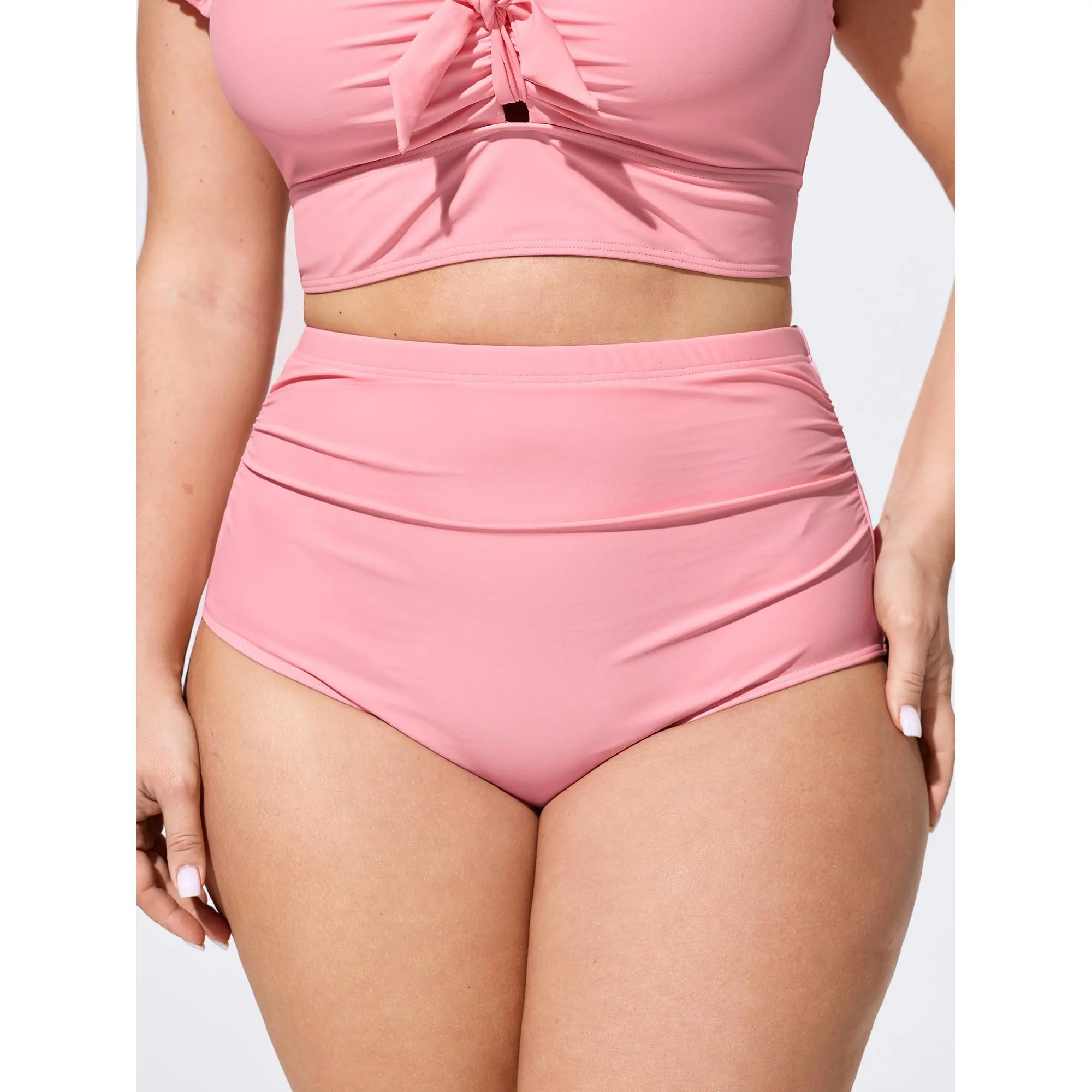 BloomChic Plus Size Women's Tummy Control Ruched Bikini Bottoms, Solid Stretchable Nylon with UPF 50 Sun Protection, Chlorine Resistant, Tummy Controlling Women's Tankinis Bottom, Cold Wash, Uv-Protective, Elastane, Washable, Tankini Bottom