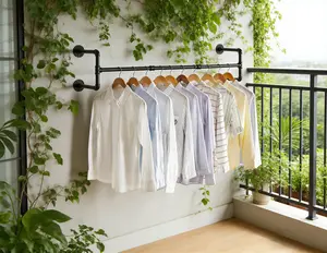 CUGBO Industrial Pipe Clothes Rack Space-Saving Wall Mounted Clothing Rack Black, Space-Saving Hanging Rod for Closet, Heavy-Duty Multi-Purpose Rack for Closet and Laundry Room (4 Bases), Black