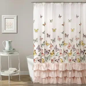 Lush Decor Flutter Butterfly Shower Curtain - 72 Inches Polyester with Colorful Butterflies & Ruffles - Perfect for Girl's Bathroom Decor