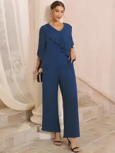 INSPIRE CHIC Women's Mother of Bride Sets Chiffon Ruffles V Neck Top Wide Legs Pantsuits Wedding Guest 2pcs Pants Suits