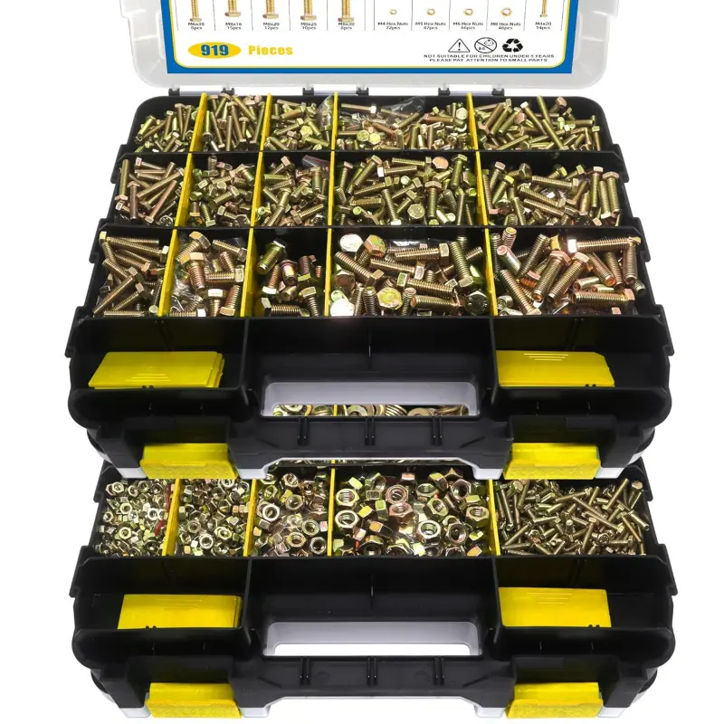919-Piece Yellow Zinc Plated M4-M8 Hex Cap Screws and Hex Nut Assortment Kit, 12-30mm Lengths, Wear-Resistant, Corrosion-Resistant, for Home DIY Projects, Car Repair
