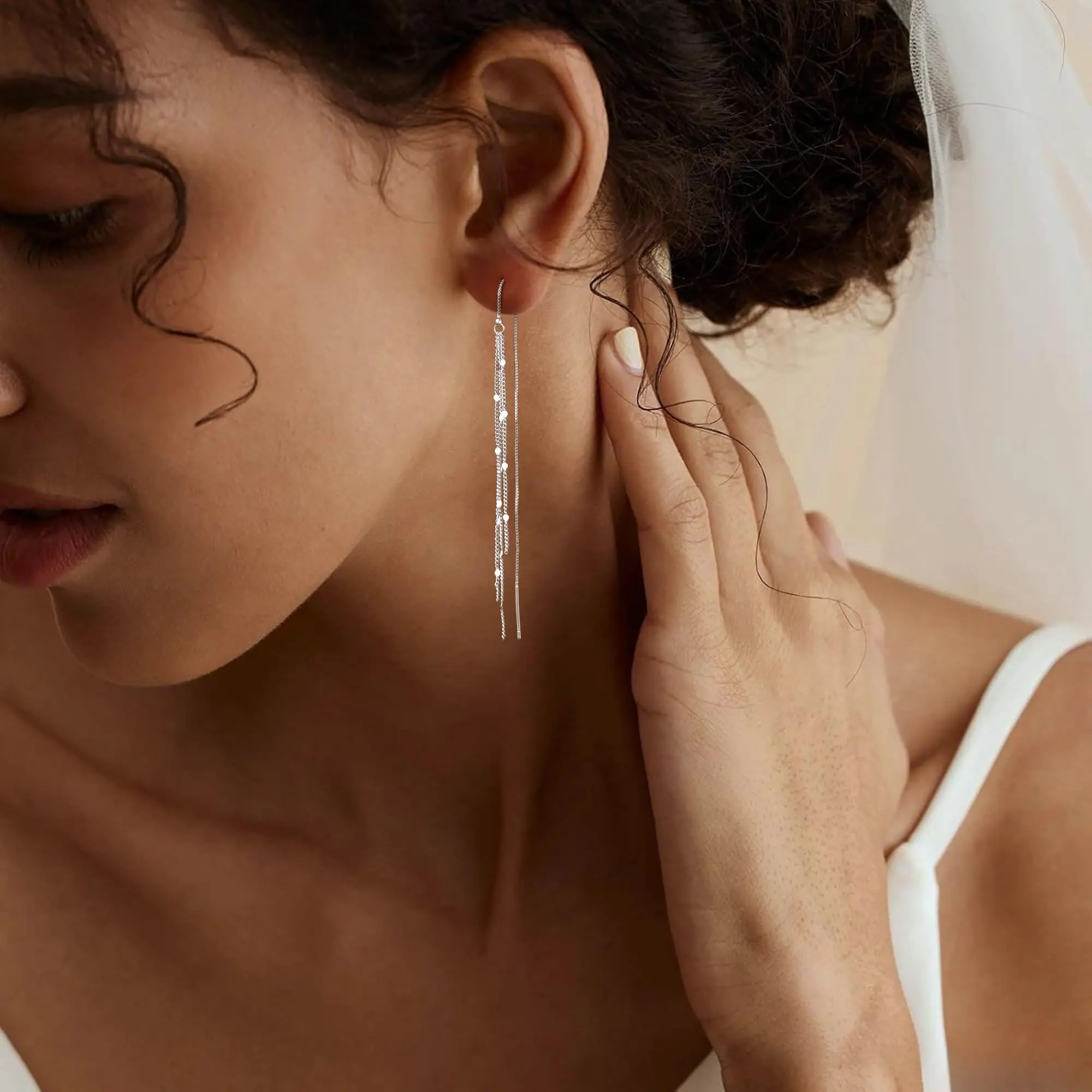 TEWIKY Tassel Threader Earrings for Women, Dainty 925 Sterling Silver Long Chain, Elegant High Quality Hypoallergenic Jewelry for Wedding or Everyday Wear, Statement Earrings, High Quality Earrings