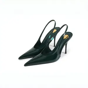 Patent Leather Pointed Toe Stiletto Heel Open Back Sandals - Sexy High Heels with a Bossy Vibe for Women's Footwear - Shoe dressy casual women plain design heel sandal shoe spring shoe summer wedding party clubbing