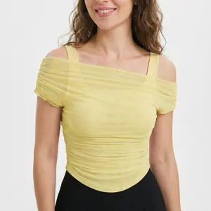 Coquette Ruched Mesh Cami Top Asymmetrical Off Shoulder Short Sleeve Shirt Date Night summer