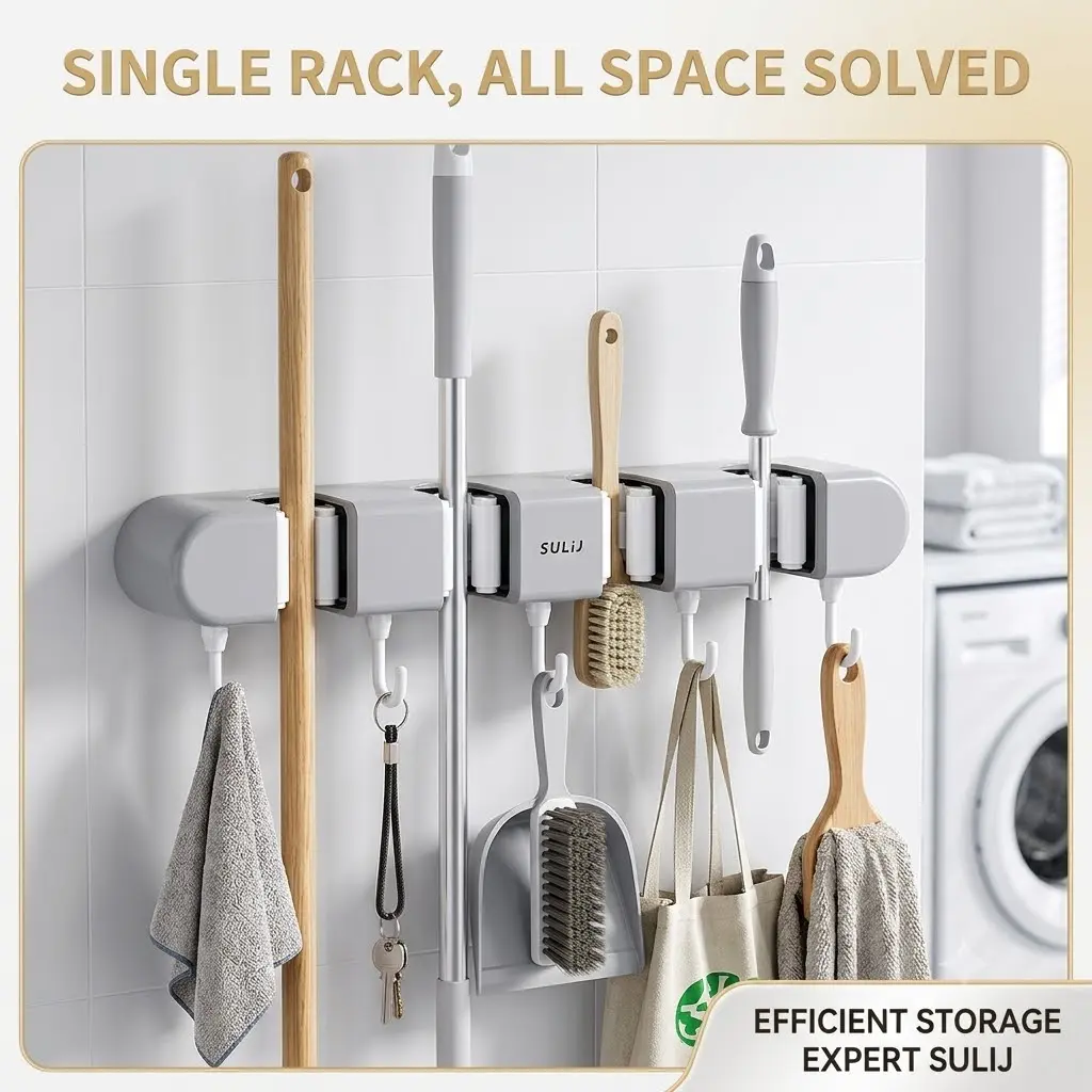 Space-Saving Mop Hanger Rack with Utility Hooks | Instant Mess-to-Order Broom Gripper | Drill-Free Waterproof Wall Organizer