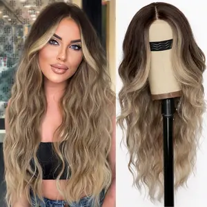Ombre Dirty Blonde Wig for Women, Long Wavy Lace Hairline Middle Part Synthetic Wig, Perfect for Daily & Party Use, 26 Inches, Natural Looking Wig