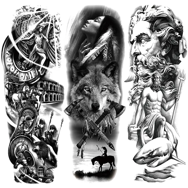Waterproof Temporary Tattoo Stickers, Realistic Wolf Ship Skull Design, Full Arm Sleeve Fake Tattoos, Long-Lasting Low Allergy Body Art Decorations, Spirit Tattoo Paper