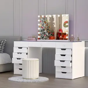 Free Shipping VANITll 13-Drawers Vanity Desk With Lights ColorAdjustable Pink Black Dresser Large Size EasilyAssembled Metal white