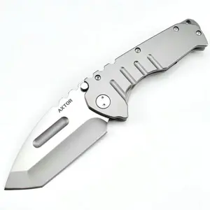 AXTOR D2 Steel Folding Knife, Titanium Silver Blade, Brushed Metal Handle, Tactical EDC Knife for Camping and Outdoor