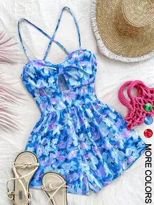 Floral print, Tropical, cutout, cross-strap jumpsuit, Romper, near the beach