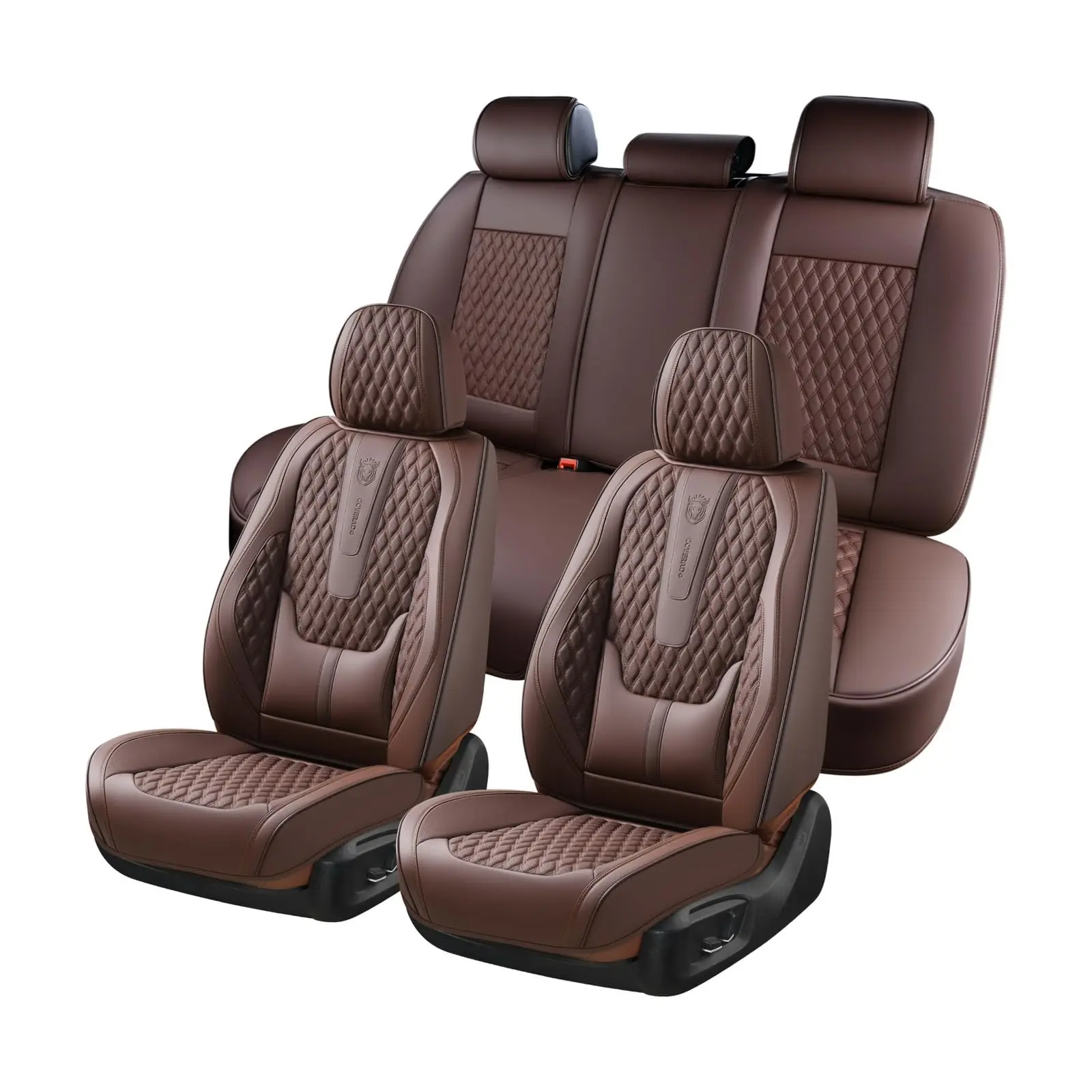 【8859】Coverado Car Seat Covers Full Set, 5 Seat Leather Seat Covers for Cars, Car Seat Protector with Lumbar Support, Waterproof Seat Covers Universal Fit for Most Cars SUV Trucks (Coffee)