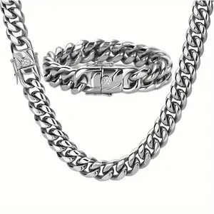 A set of 2 pieces of 18K thick white gold-plated hip-hop jewelry, stainless steel Cuban chain, 12mm men's curb bracelet necklace, with punk box buckle