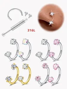 3Pcs Horseshoe Nose Rings, 316L Stainless Steel, 18/20 Gauge, 8mm Hoops, Ideal for Nose, Cartilage, Tragus, Helix & Lip Piercing
