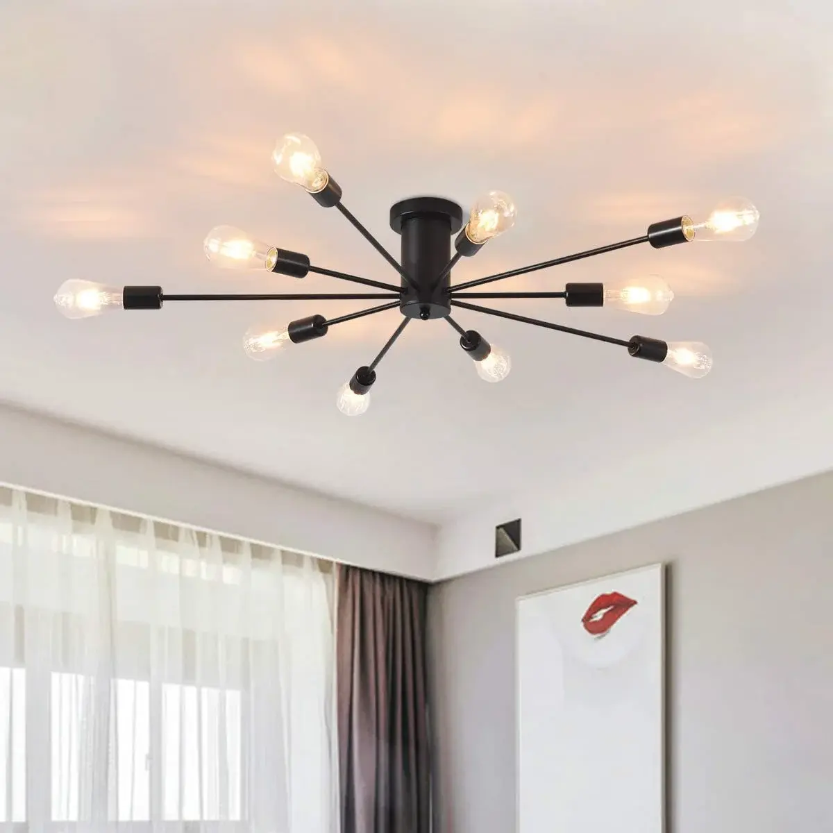 10-Light Modern Black Sputnik Semi-Flush Mount Ceiling Fixture - Industrial Vintage Hardwired 110v-240v Unit, Contemporary Modern Farmhouse Layered Light for Dining Room, Coffee Shop, Restaurant, Bar