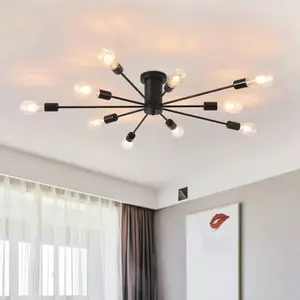10-Light Semi Flush Mount Ceiling Light, Modern Black Sputnik Chandelier Industrial Ceiling Lamp for Kitchen, Dining Room, Living Room, Bedroom, Foyer