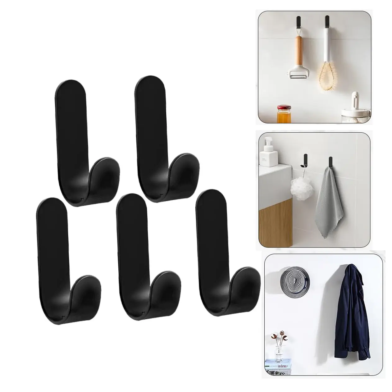 5 Pack Carbon Grey Double Sided Adhesive J-Shaped Metal Wall Hooks - Home Organizer Rack for Towel, Coat, Handbag, Decorative Key Holder, No-Drill Installation for Kitchen, Living Room, Carbon Grey Hooks, Double Sided Adhesive Hooks & Rails