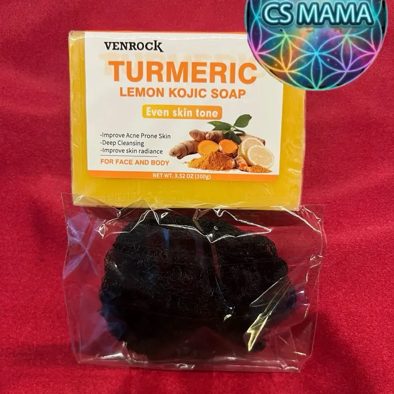 Brightening Turmeric Lemon Kojic Glow Soap + Exfoliating Round Duo, Skincare Gift Set for Radiant Skin