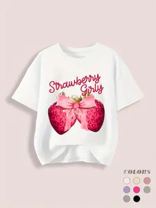 Strawberry Girl" Cute Graphic Tee for Girls - Casual Round Neck, Short Sleeve, Soft Polyester Blend, Machine Washable - Summer Collection in Beige with Pink Strawberry & Bow Design