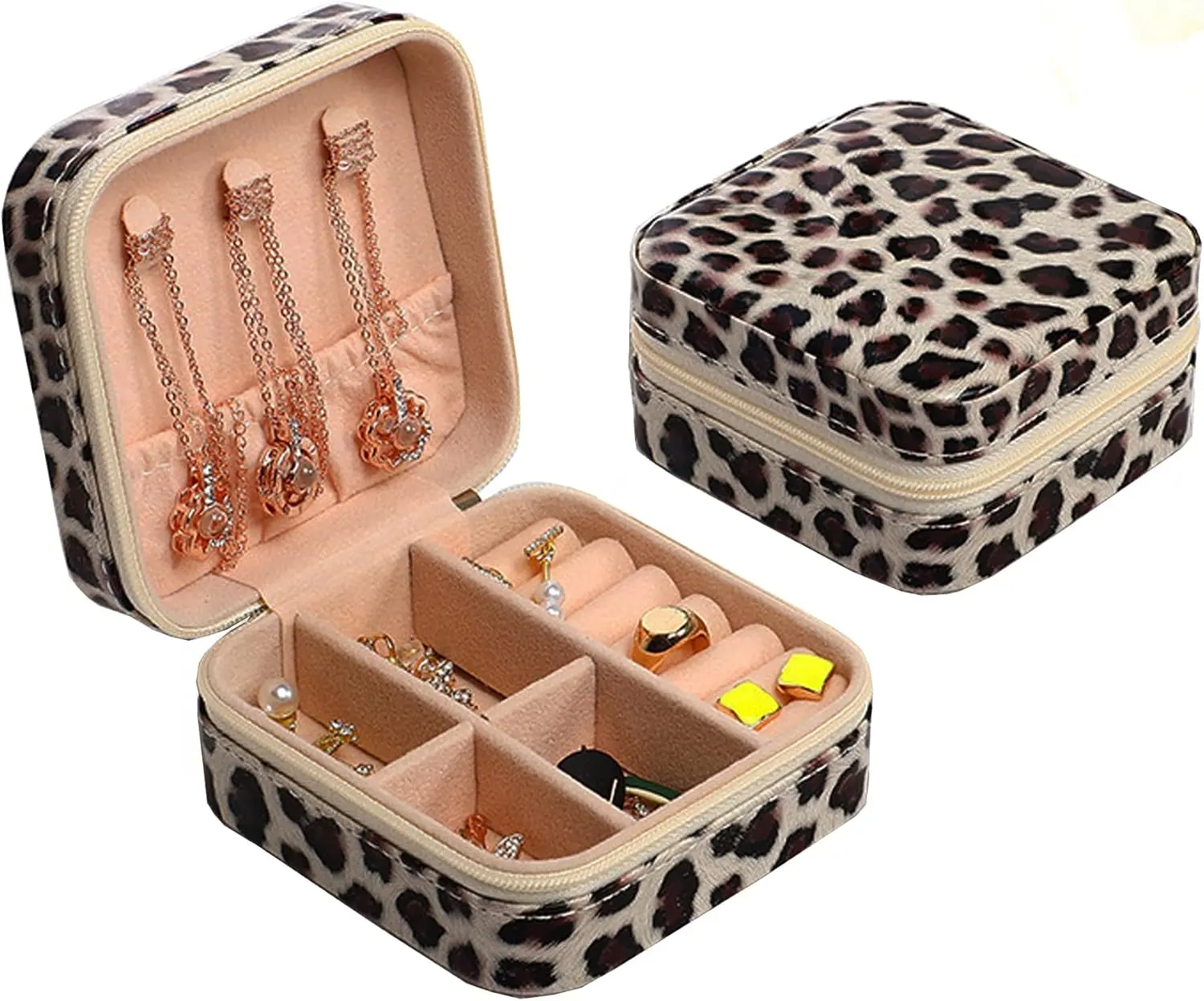Modern Leopard Print Travel Jewelry Organizer Box - Small, Zipper-Closure Storage Case for On-the-Go Rings, Necklaces, Earrings