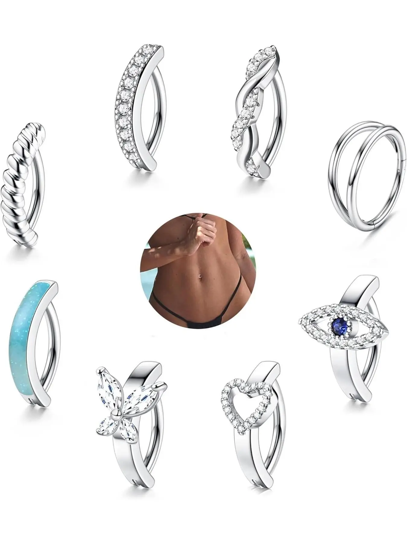 14G Belly Button Ring 8Pcs Surgical Steel Belly Rings for Women Floating Belly Button Ring Sparkling CZ Clicker Belly Button Ring Hoop Curved Barbell Evil Eye Heart Butterfly Belly Piercing Jewelry Navel Piercing Jewelry Body Jewelry Body Jewellery