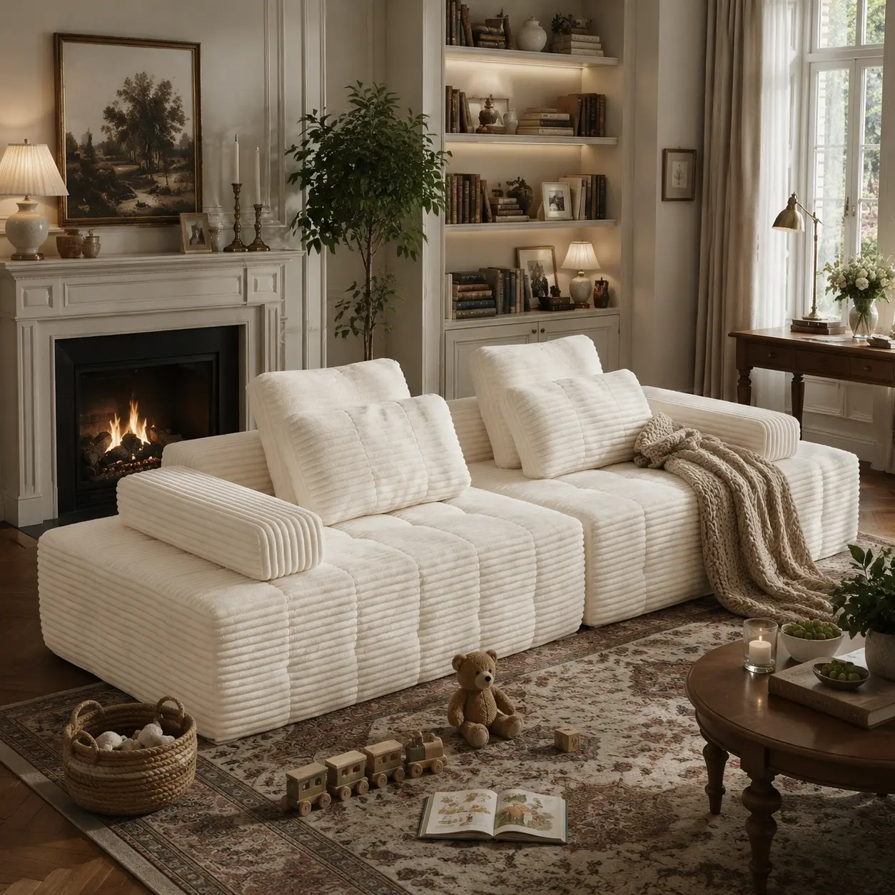【summer vibes】113-in Corduroy Reconfigurable Cloud Block Sofa - Plush, Comfy Couch, Extra Deep Seat, Boneless Nap, Backless, Geometric, Multi-Layout High-End Living Room Watch Party Furniture (Shipped in 2 Boxes)