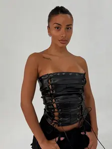 Fashion Punk Style Crop Top, Strapless Sexy Lace-Up Backless Design, Sleeveless H-Type Party Night, All Seasons Streetwear, Casual Sleeveless Backless