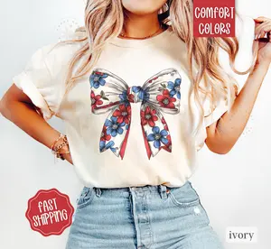 USA Bow Shirt Comfort Colors, America Bow Shirt for July 4th, Memorial Day Shirt, USA Shirt, Election Shirt, Patriotic Bow Shirt