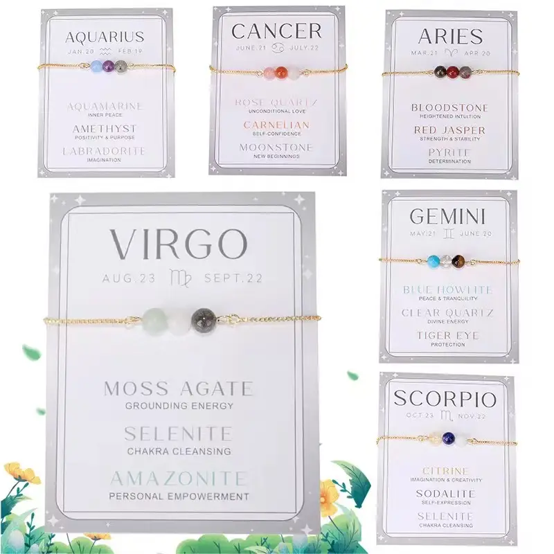 Zodiac Healing Crystal Bead Bracelets ,12 Constellation Natural Stone Chakra Stretch Adjustable Bracelets , Anxiety Relief Beaded Bracelets for Women