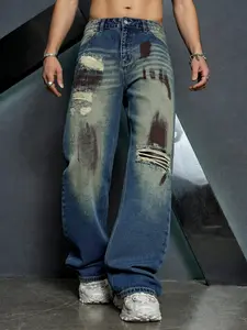 Men's Y2K vintage washed distressed wide-leg jeans, loose-fit denim pants, American retro streetwear, skate and hip-hop casual baggy trousers, perfect gift for husbands and boyfriends.