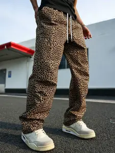 Men's Leopard Print Wide Leg Casual Pants, Millennial Street Style, Loose Fit Drawstring Waist, Vintage Animal Pattern, All Seasons