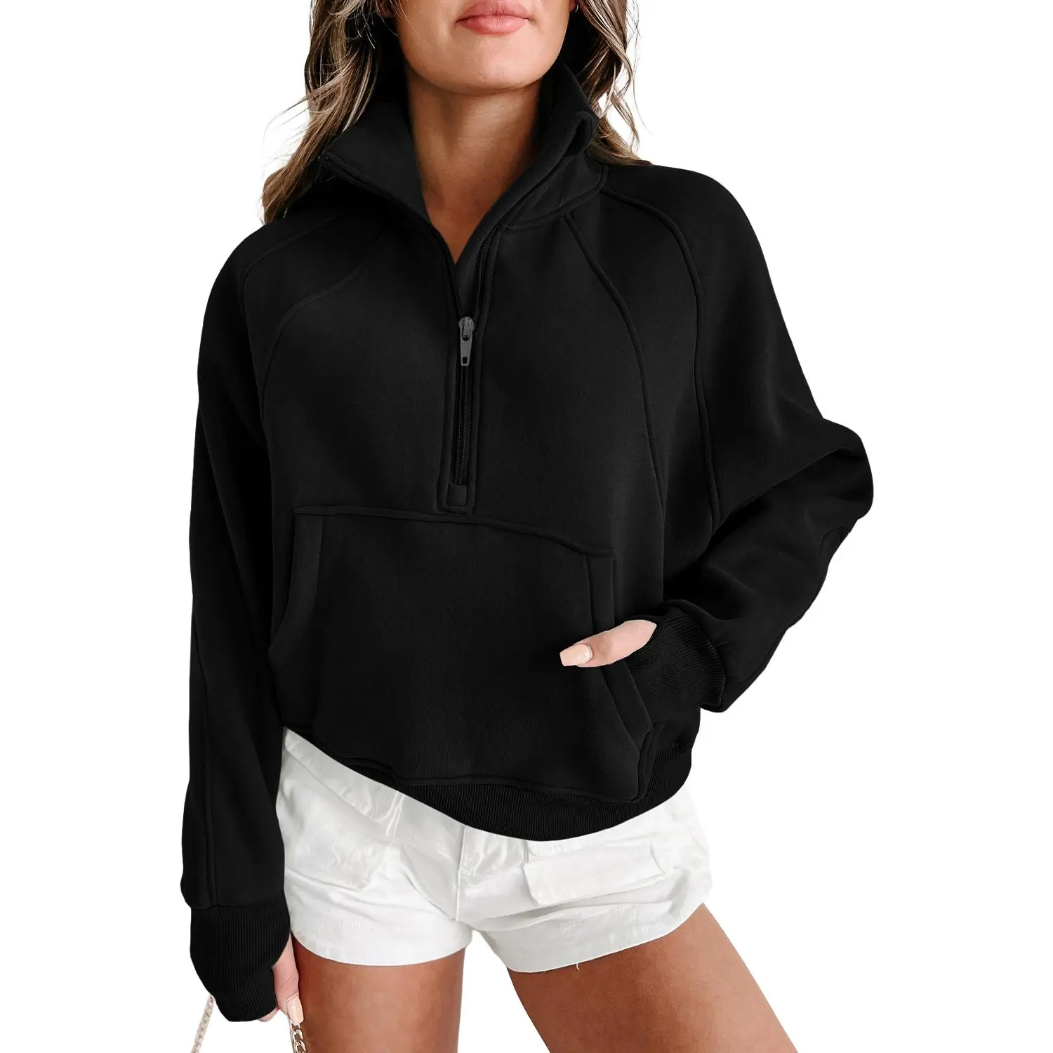 Women's Fashion Regular Fit Solid Black Zip-Up Stand Collar Ribbed Long-Sleeve Thumbhole Sweatshirt with Kangaroo Pocket - Casual Multi-Size Daily Wear Top