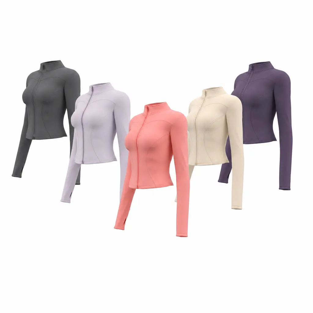 Slim-Fitting Arm Covering Stretch Fabric Sports Top - Minimal Lines Mock Neck Yoga Jacket, Running Cycling Finger-Wear Compatible Fitness Apparel Gym Shirt Fitted Compression Shirts Casual Sportswear Compression Shirt Compression Shirt