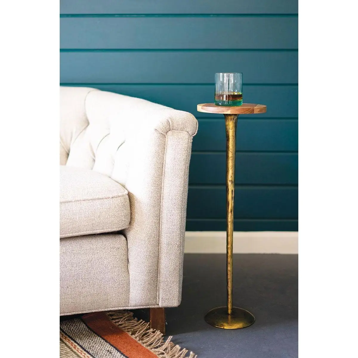 Antique Brass Cocktail Table With Acacia Wood Top