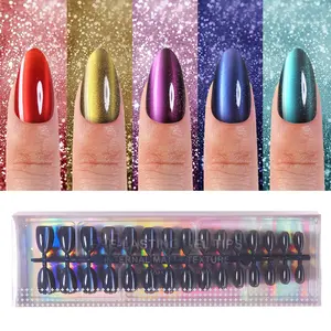 Plauva 150Pcs Cat Eye Press on Nails Medium Almond, Soft Gel Fake Nails, Glossy Glitter Cat Eye Nail Tips for Women and Girls Stick On Nails in 15 Sizes
