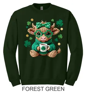 St Patricks Day Faux Crochet Highland Cow Pullover Crewneck Sweatshirt or T-shirt (Gildan, Jerzee or Port & Co Brands) - St Paddy #02