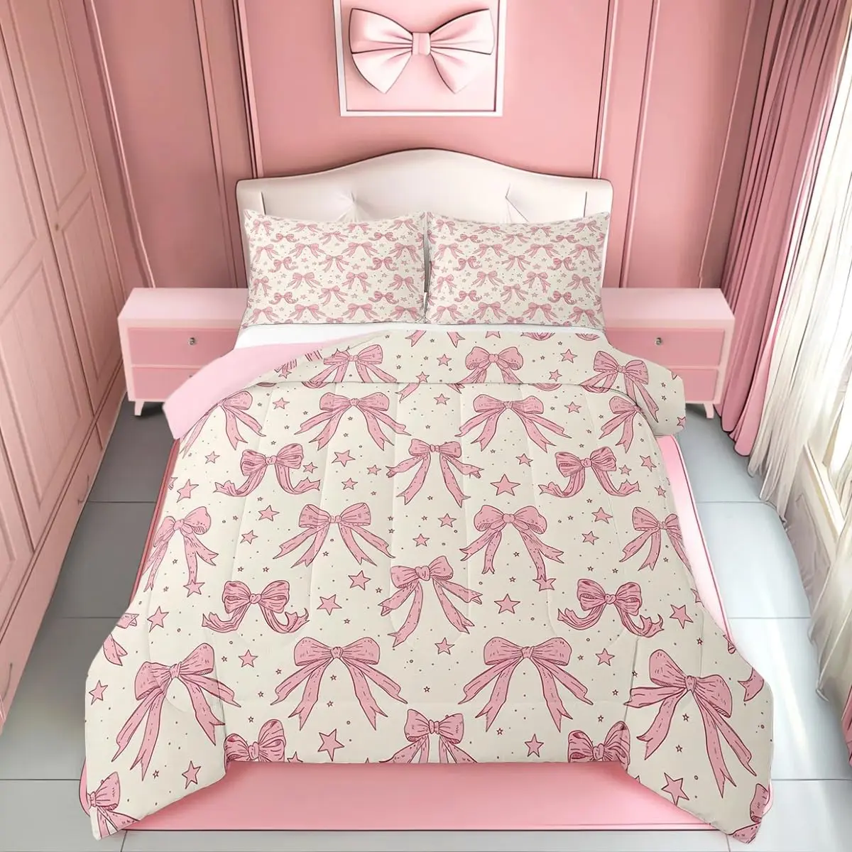 Feelyou Queen Size Microfiber Duvet Cover - Kawaii Bow Print, Breathable Beige Blush Pink Bowknot, Modern Geometric Accents, Teen Bedroom Decor, Multi-Size Bedding Sets, Unique Whimsical Bedding Sets, Pink Bedroom Birthday Decor, Toddler, Unique Bedding S