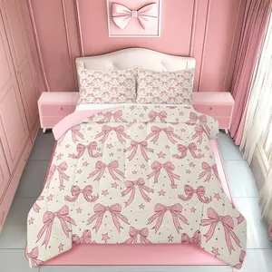 Feelyou Kawaii Bow Microfiber Bed Comforter Set - Breathable Blanket, Duvet Covers, Queen Comforter Set, Cute Beige Blush Pink Bowknot Design for Teens' Bedroom Decoration