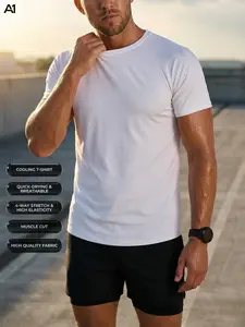 A1 Men's Cooling Lightweight Breathable Workout Shirts Quick Dry Athletic T-Shirts Moisture Wicking Gym Tees 4-Way Stretch Muscle Fit Short Sleeve Activewear Tops for Fitness Running Training