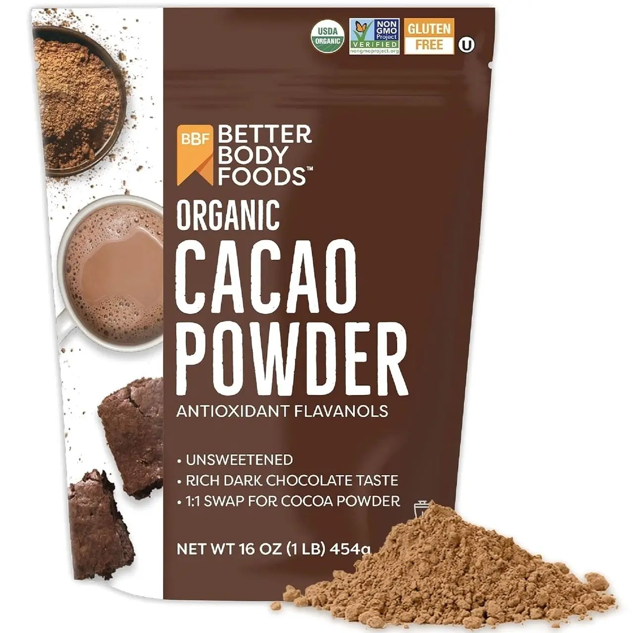 BetterBody Foods Organic Cacao Powder, Rich Chocolate Flavor, Non-GMO, Gluten-Free, Cocoa, 16 ounce, 1 lb bag
