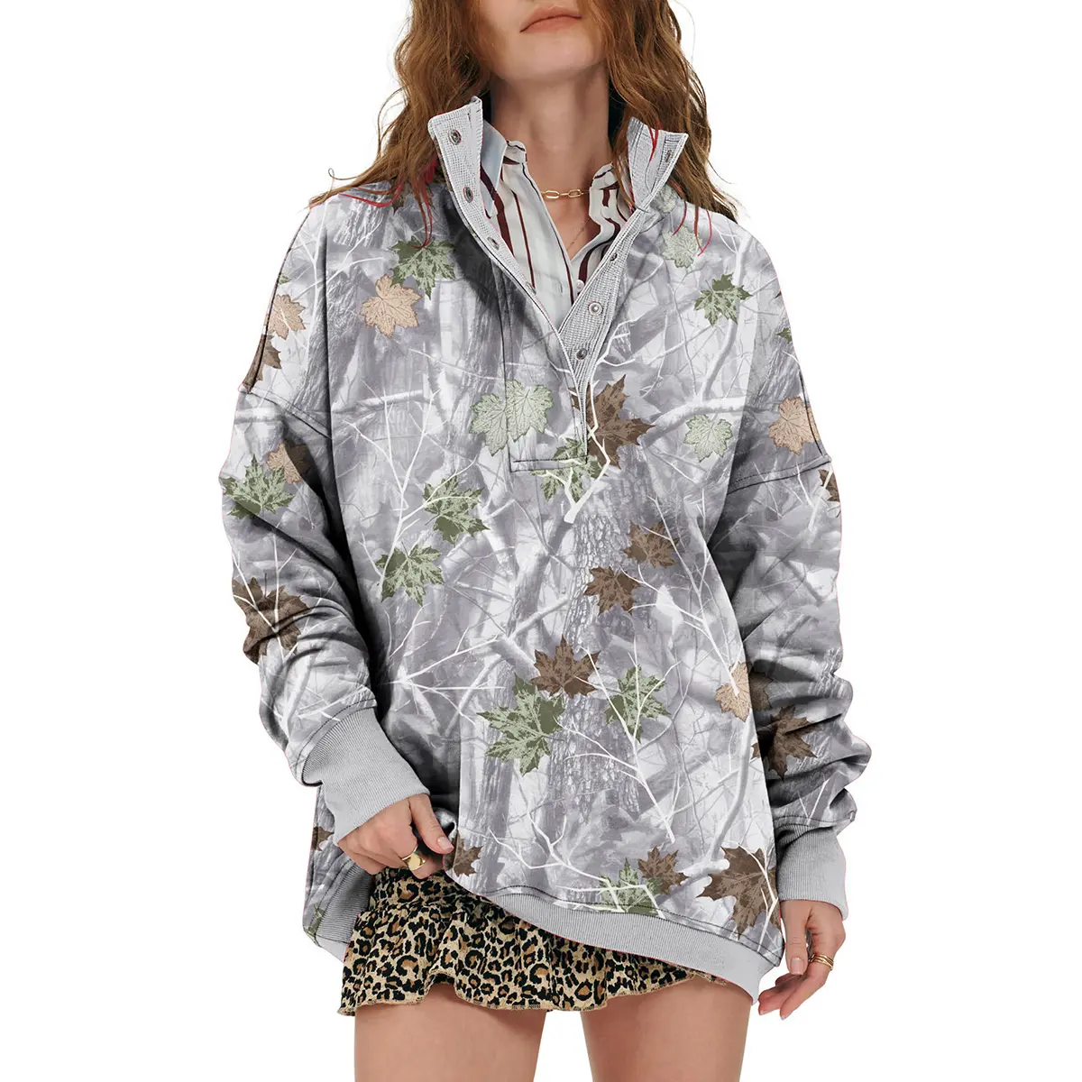 Soesdemo Women's Camo Print Fleece Lined Hoodie - Oversized Long Sleeve Apricot Knit Pullover, Mock Neck with Buttons, Casual Sweatshirt Clothes for Fall, Camouflage, Hoodies, Polyester, Women's Clothing, Plus Size, Viscose, Buckle, Pullover Hoodie