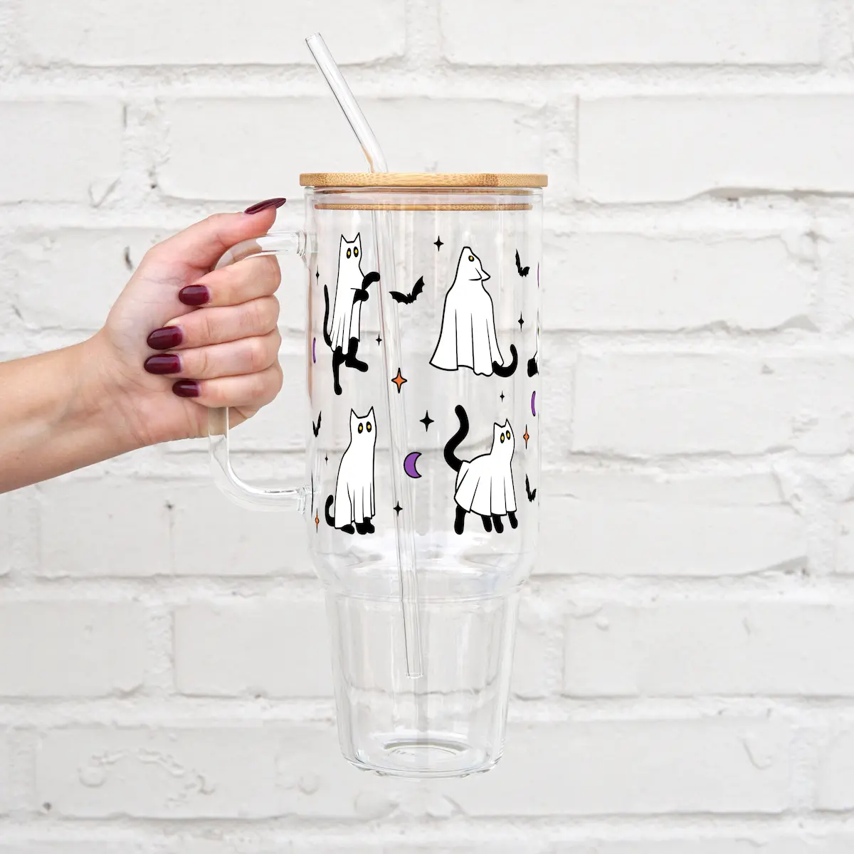 Ghost Cats Halloween 40oz Glass Tumbler with Lid and Straw, Iced Coffee Drinkware, Gift for Her, Acrylic Tumbler, water bottle for women, spooky gifts, Insulated Sports Bottle, Hydration Bottle