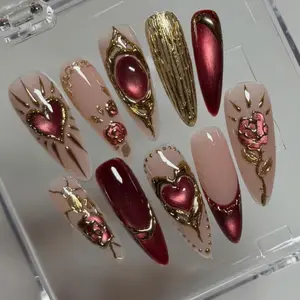 Ruby Heart Chrome Press On Nails, Burgundy Cat Eye French Tips, 3D Rose Floral Details, Gold Liquid Metal Accent, Glossy Almond Luxury Handmade Press On Nails, Romantic Date Night Gift for Her