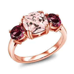 Gem Stone King 18K Rose Gold Plated Silver Peach Nano Morganite and Red Rhodolite Garnet 3-Stone Engagement Ring For Women | 3.20 Cttw | Cushion 8MM | Available In Size 5, 6, 7, 8, 9