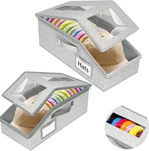 1pc/2pcs/4pcs Stackable Hat Storage Boxes for Baseball Caps – Holds Up to 24 Hats | Foldable Cardboard Organizer with Clear Window, Dust-Proof & Space-Saving | Versatile Storage for Hats, Toys, Socks, Closet Organizer for Men & Women, Grey