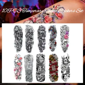 10PCS Full Arm Temporary Tattoo Stickers Set, Realistic Fake Tattoo Stickers Flowers, Roses, Skeletons, Clocks, Angels, Eyes Designs For Body Shoulders Arms Legs Makeup Kit, Fake Tattoo Stickers Easy to Use & Remove, Non-Toxic for Adults Kids