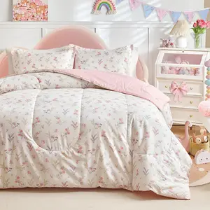 3pcs Cotton Comforter Set for Girls, Pink Floral Design, Twin Size Soft n Cozy Bedding Comforter Set for All Season- 68x88 inches