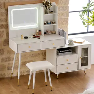 ARCH Modern Makeup Vanity Desk with Mirror and Lights, Retractable Dressing Table with Drawers and Cabinet, Compact Makeup Table Set with Power Outlet for Bedroom, White