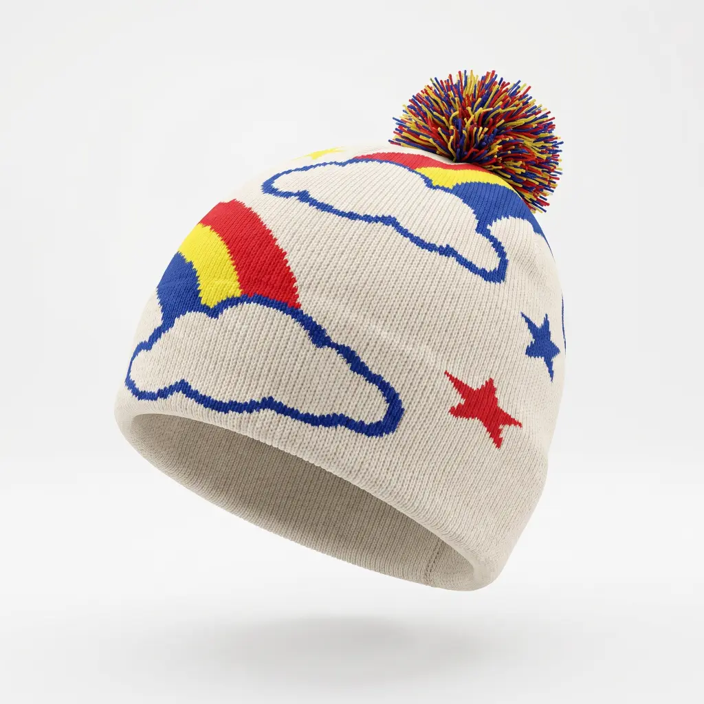 Vintage Rainbow Pom-Pom Beanie, Retro Style Winter Fashion Accessory for Cold Weather
